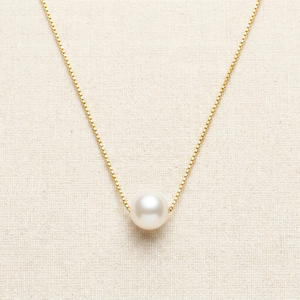 Gold freshwater pearl pendant necklace on cream background