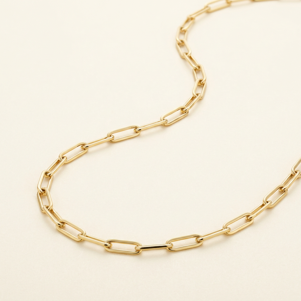 Gold paperclip chain necklace on cream background